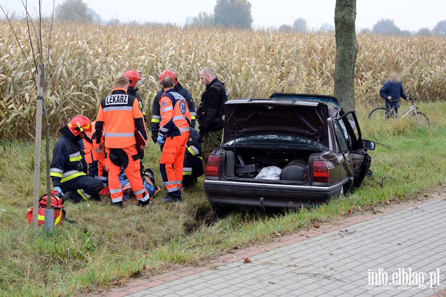 Wypadek w Kazimierzowie. Ranny kierowca przewieziony do szpitala po uderzeniu autem w drzewo, fot. 3