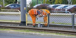 ty ustpi miejsca szaroci. Na ulicy Pk. Dbka tramwajowe barierki zmieniaj kolorystyk