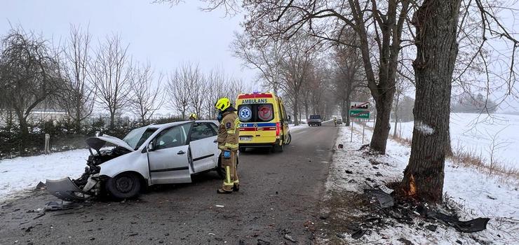 Samochód uderzył w drzewo. Ranny kierowca utknął w aucie
