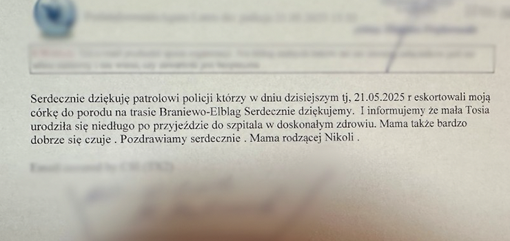 Elbląscy policjanci pomogli rodzącej kobiecie – na świat przyszła zdrowa Tosia